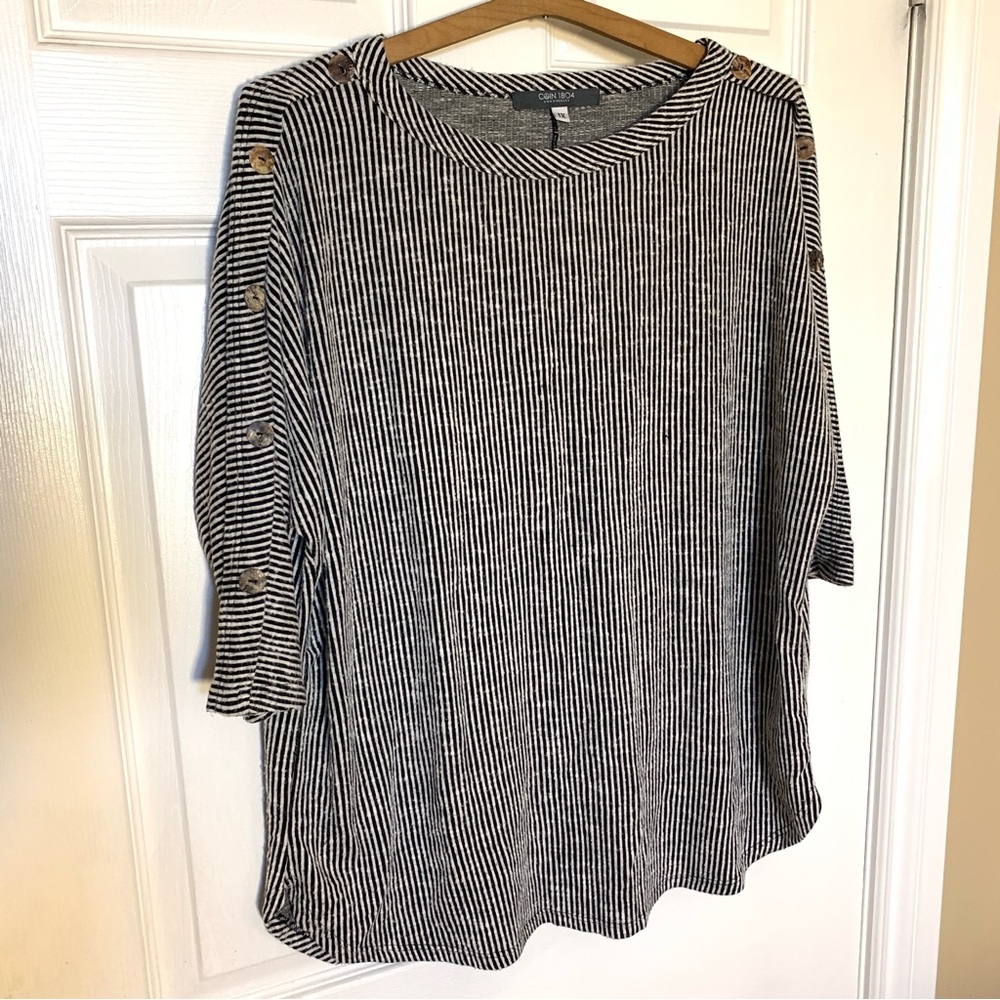 Coin 1804 Black & White Pinstripe Top 3/4 Sleeve Stretch Plus Size 1X